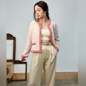 Zara Multicolor Pink Confetti Fringe Tweed Jacket Size Medium